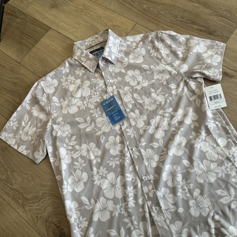 VSTR Men's 4 Way Stretch Shirt Tropical SS Button Up Taupe Size Medium NEW‎